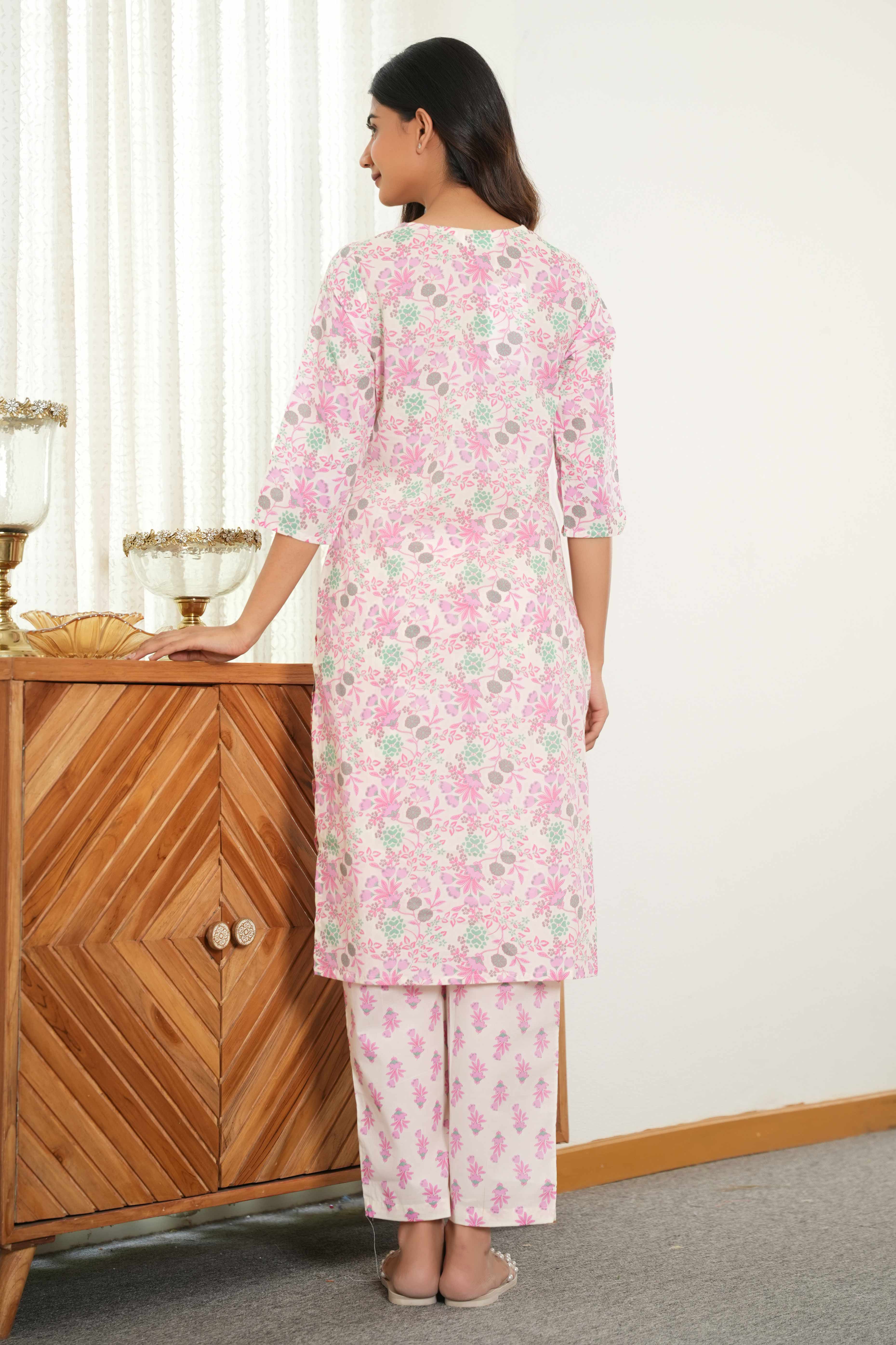 White & Pink Floral Printed Pure Cotton Straight Salwar Suit for Every Occasion