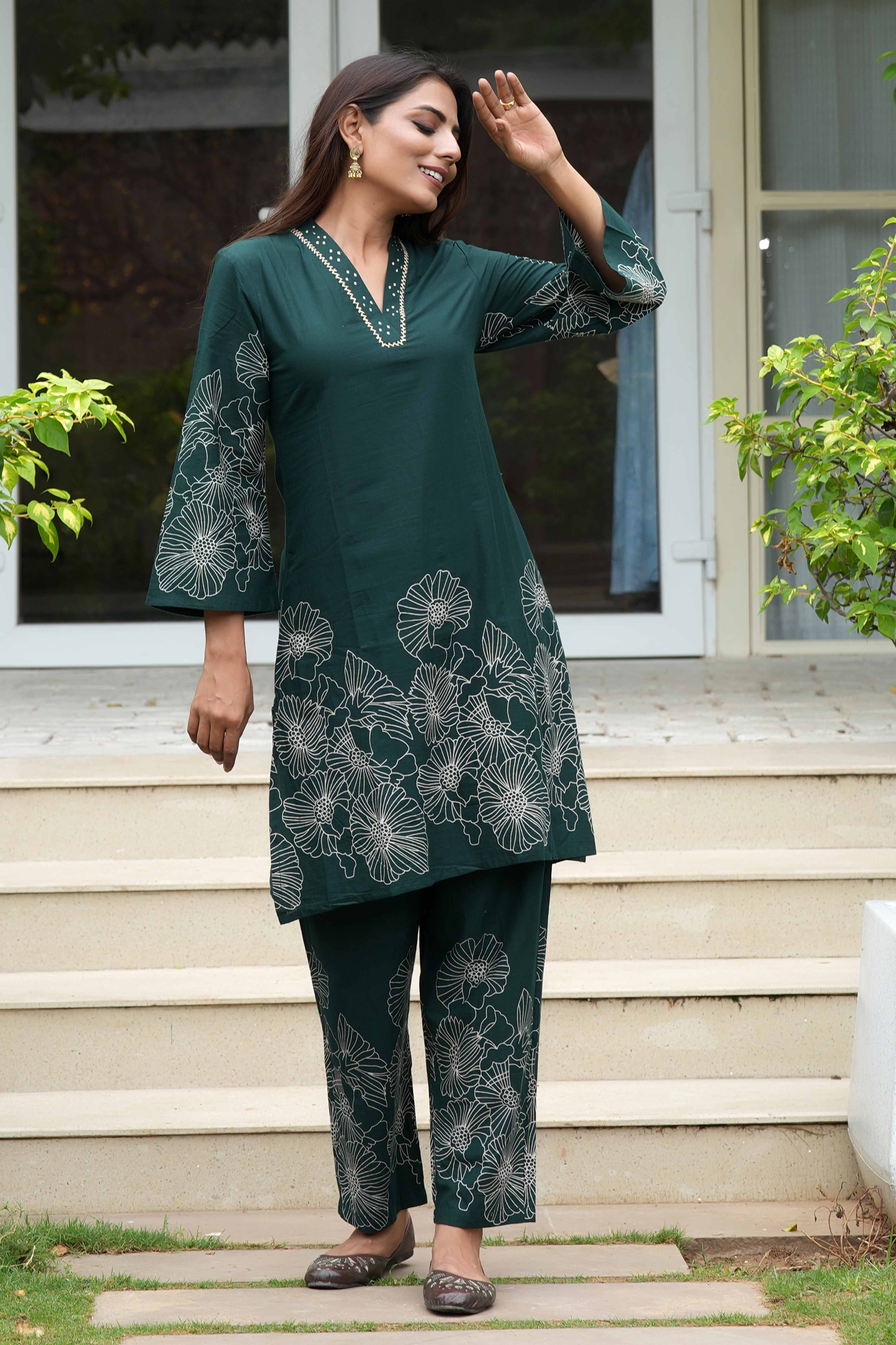 Bottle Green Floral Embroidered Co-Ord Set – Top & Bottom