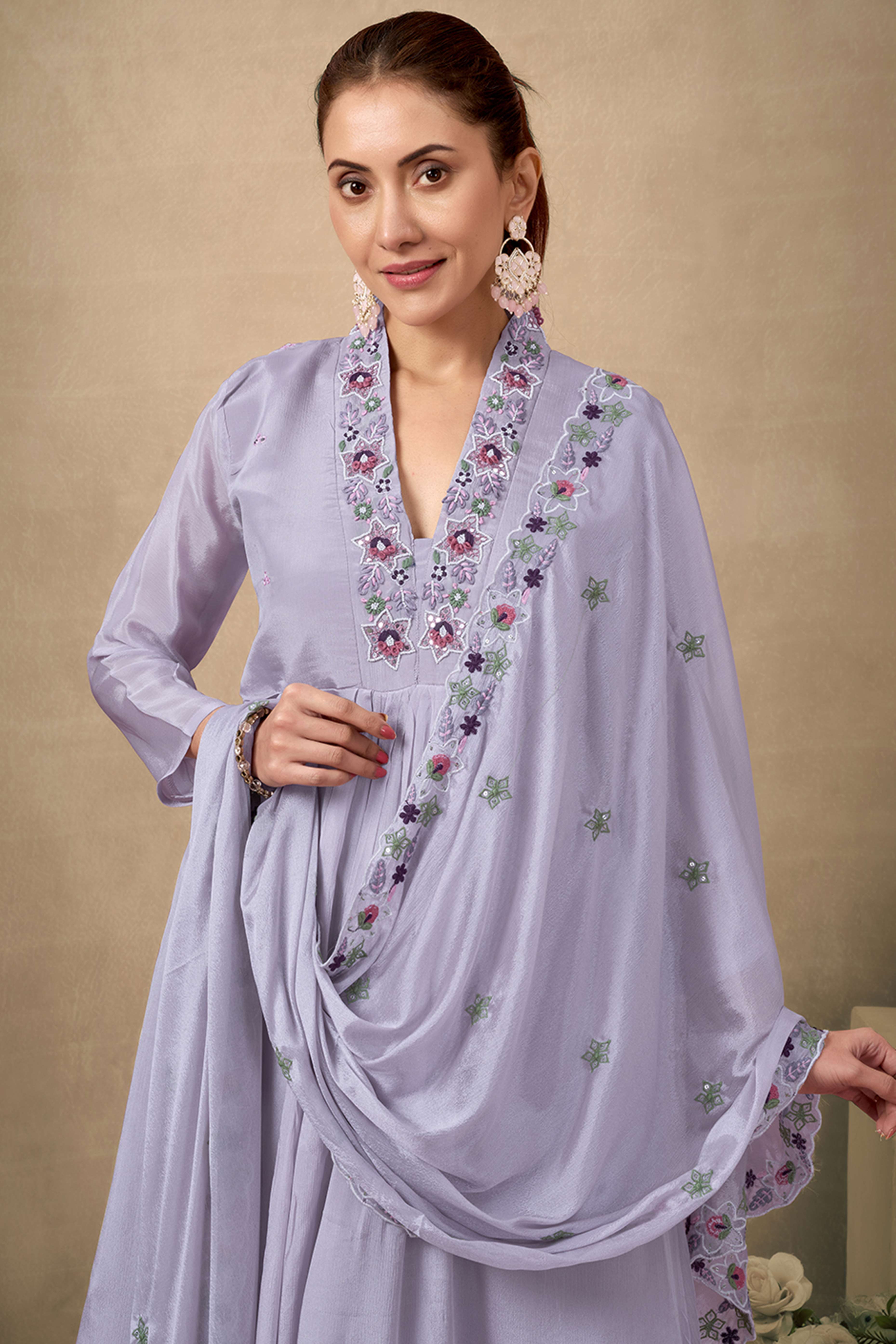 Grey Floral Embroidery With Handwork Viscose Anarkali Salwar Suit
