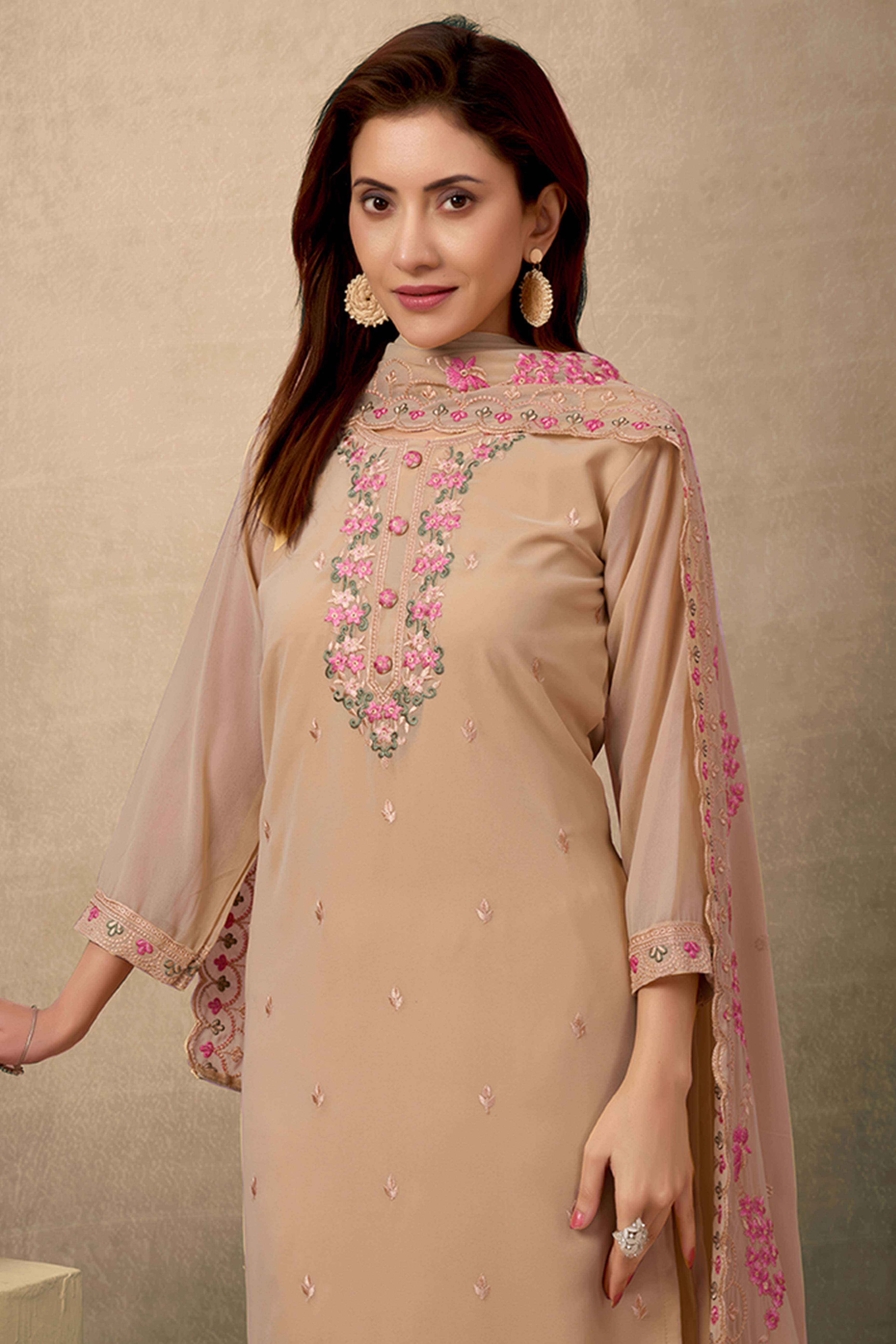 Chikoo Embroidered Straight Salwar Suit in Heavy Viscose Georgette