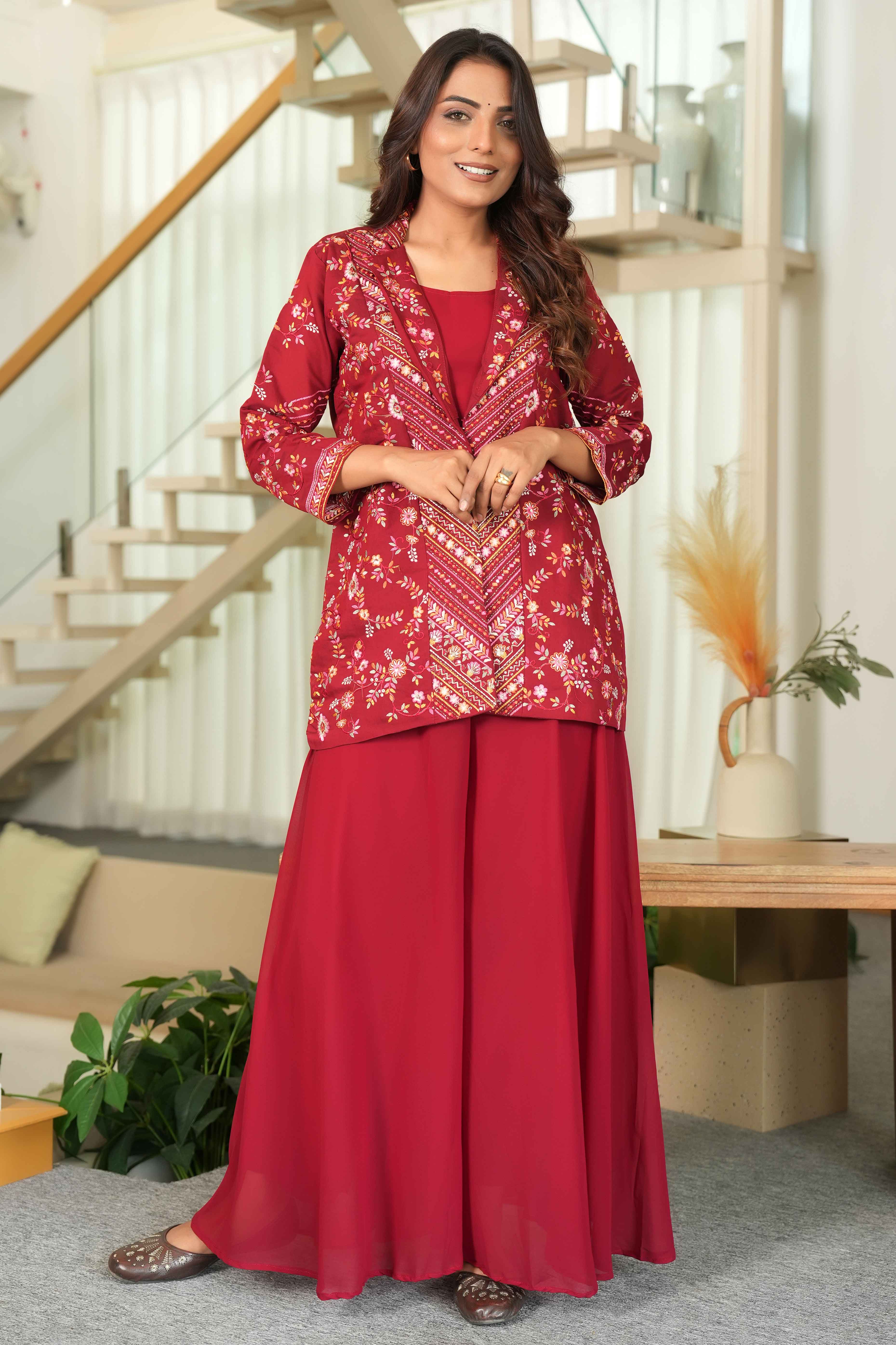 Maroon Embroidered Chanderi Silk Co-Ord Set with Georgette Bottom – Festive & Elegant Ensemble