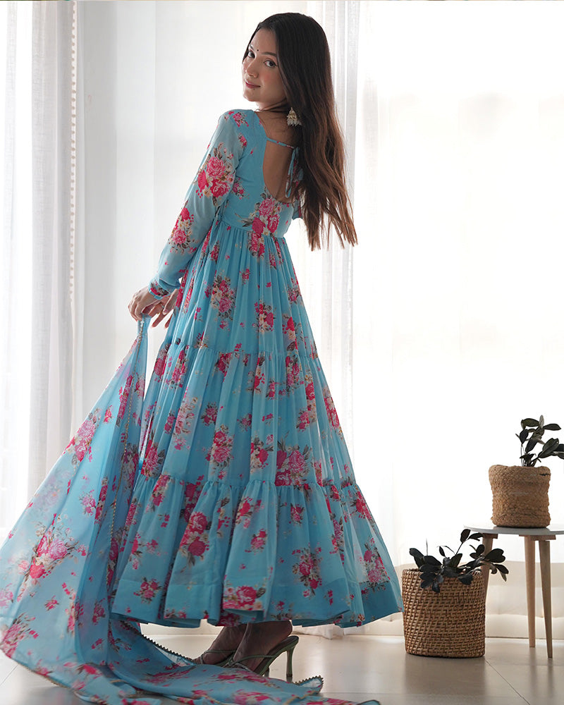 Pure Soft Georgette Frill Anarkali Suit Set with Floral Print Dupatta – Festival & Party Wear