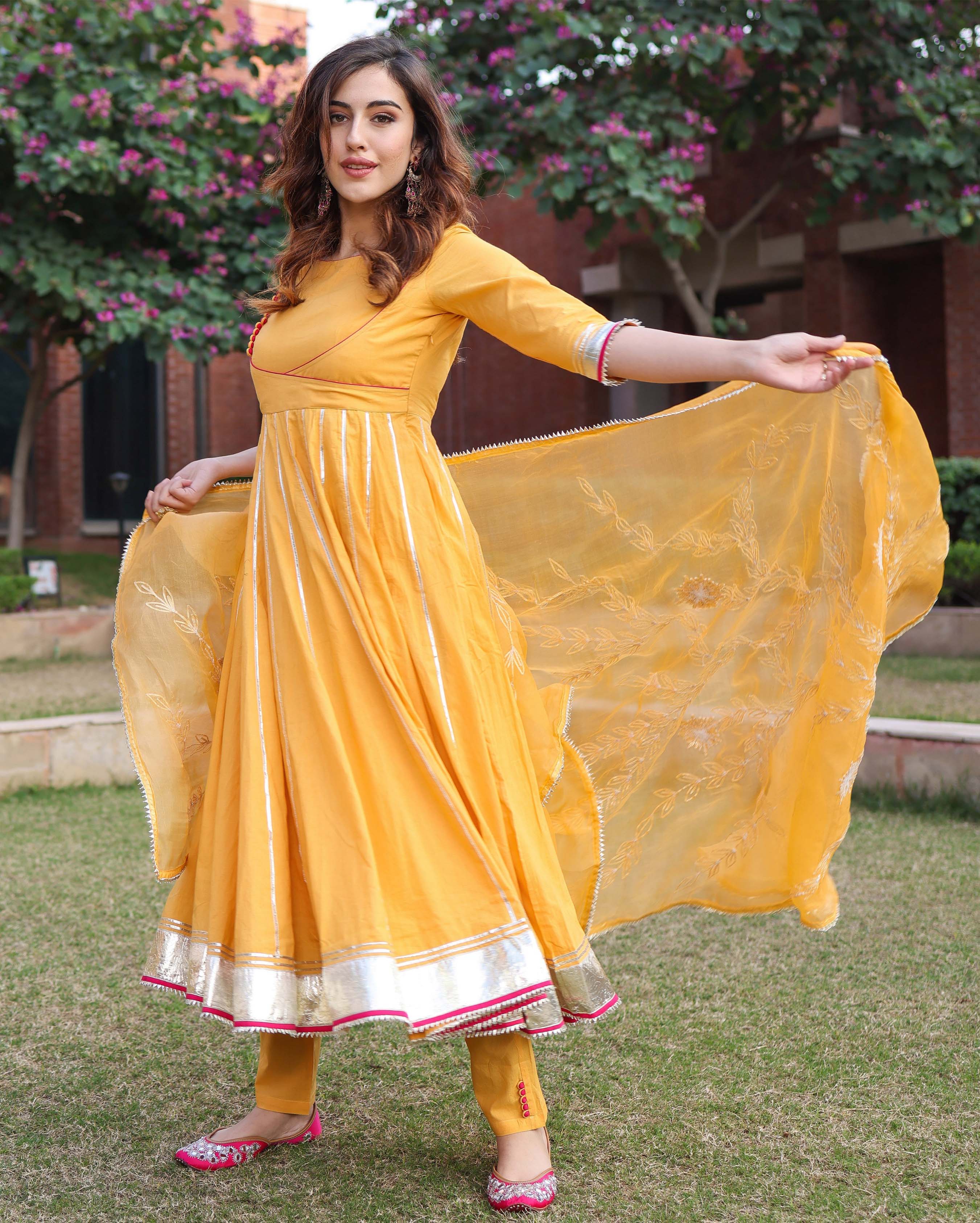 Yellow Cotton Suit Set with Gota Patti and Organza Dupatta