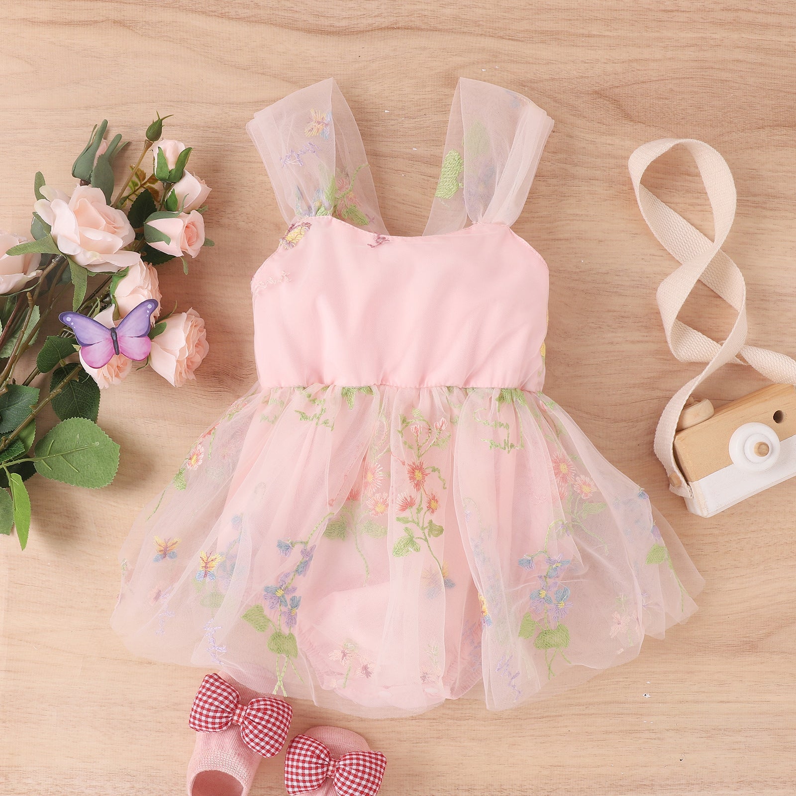 Flower Embroidered Girls Romper Dress – Soft Cotton Blend Outfit