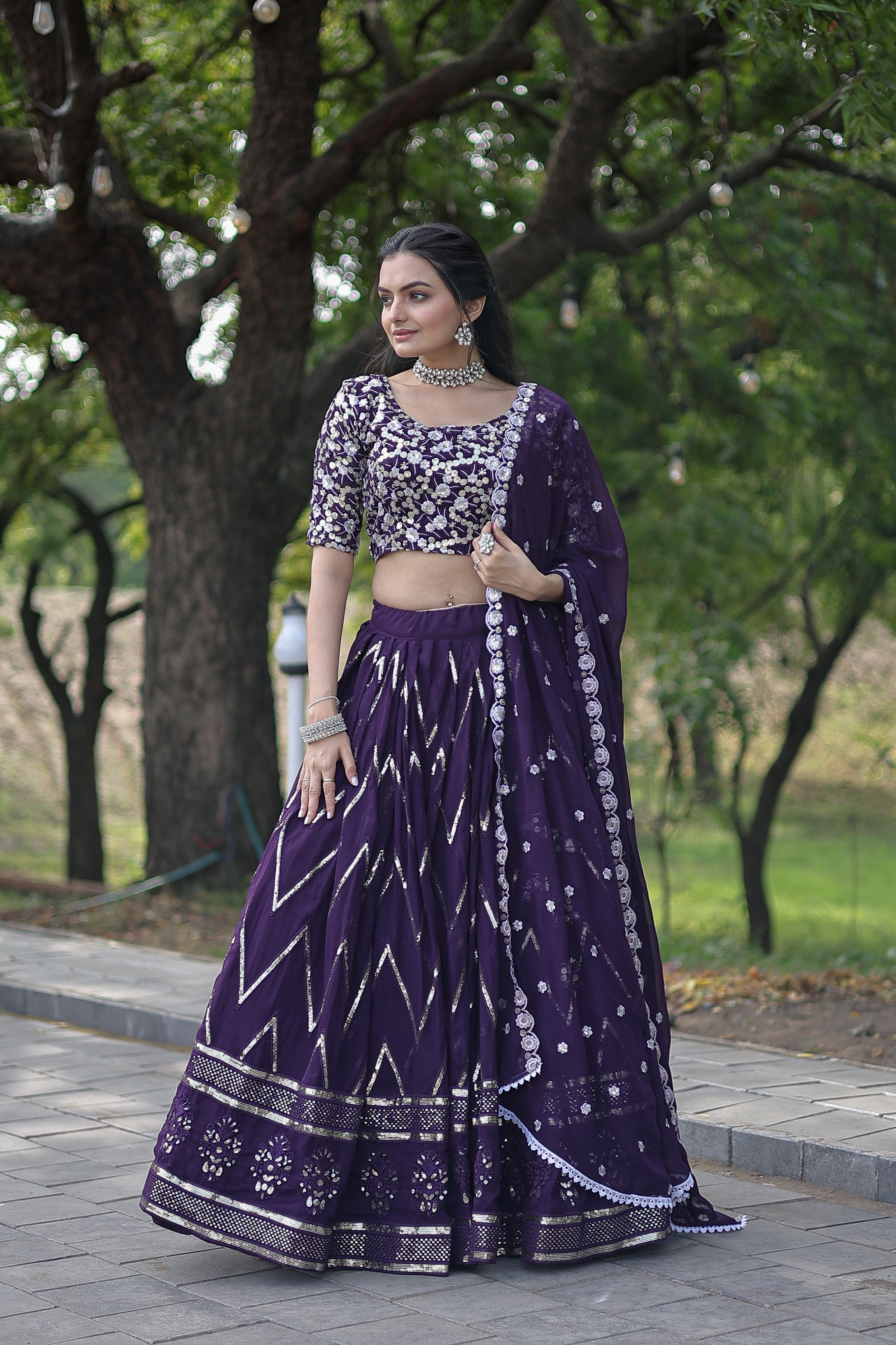 Elegant Faux Blooming Lehenga with Heavy Sequins & Thread Embroidery – Full Stitched with Designer Lace Dupatta