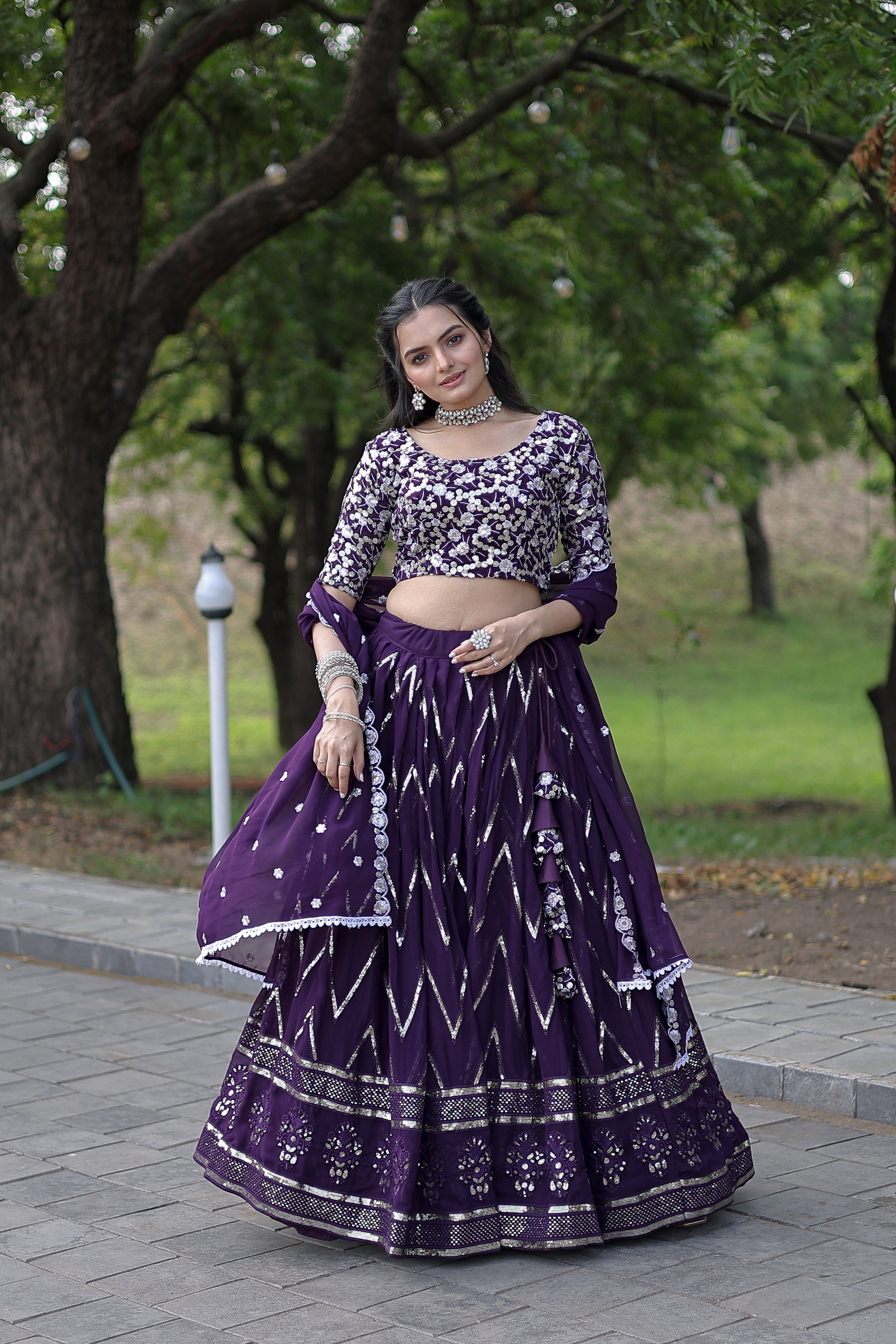 Elegant Faux Blooming Lehenga with Heavy Sequins & Thread Embroidery – Full Stitched with Designer Lace Dupatta