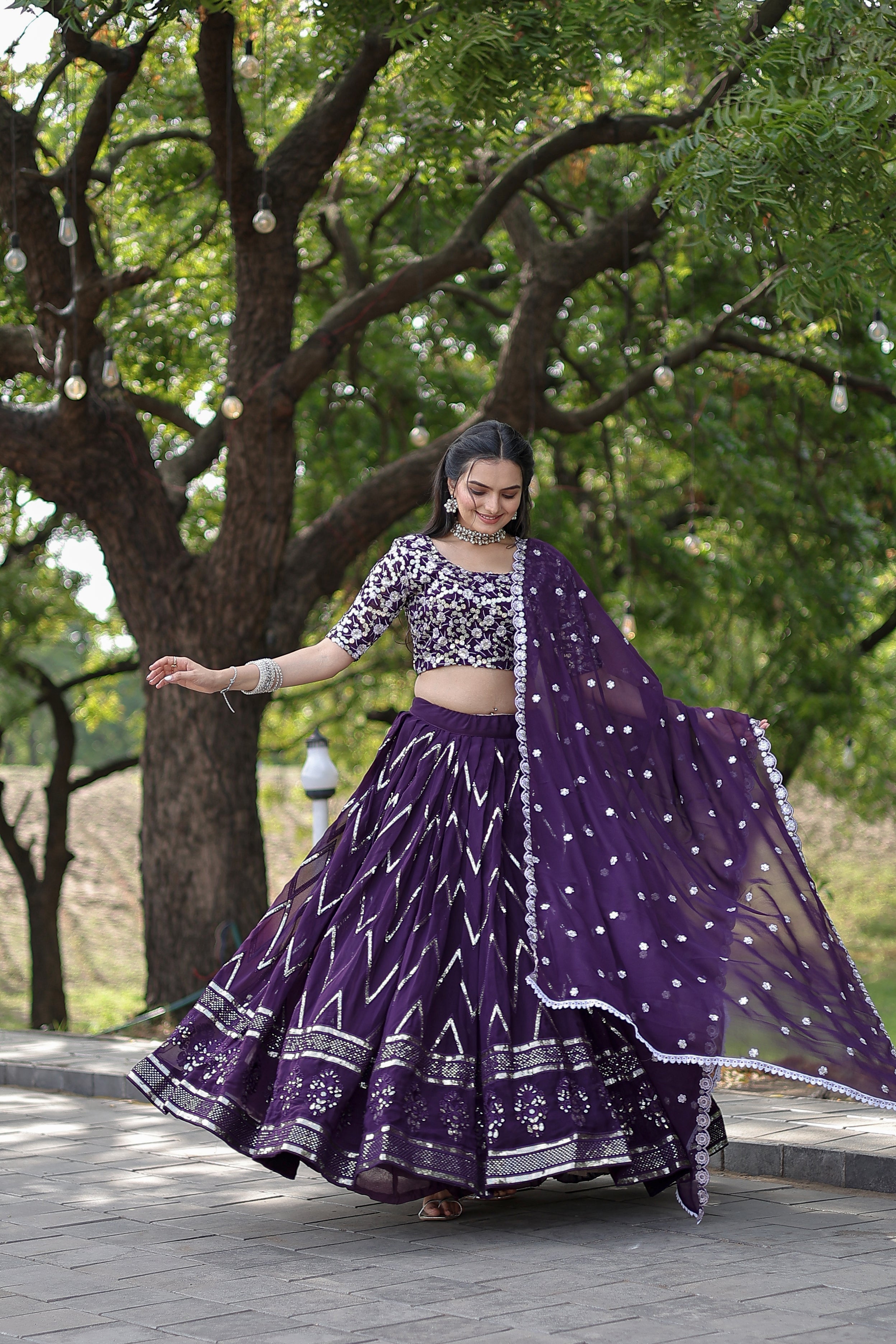 Elegant Faux Blooming Lehenga with Heavy Sequins & Thread Embroidery – Full Stitched with Designer Lace Dupatta