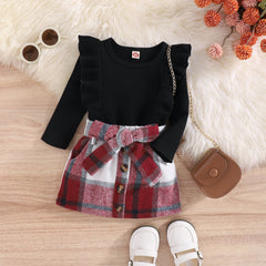 Red Plaid Skirt and Top Outfit – Stylish Cotton Two-Piece Set for Girls
