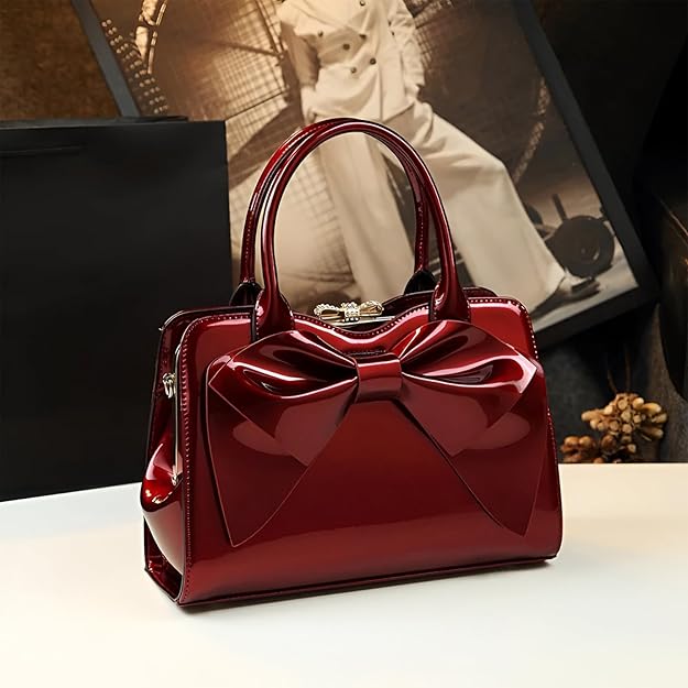 Women’s Glossy Bow Shell Handbag – PU Leather Tote with Double Handles & Adjustable Strap