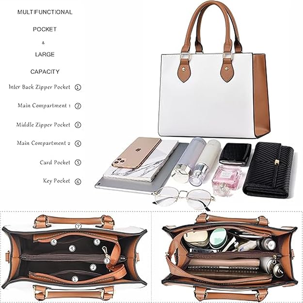 Women’s Faux Leather Satchel Handbag – Large Capacity Crossbody & Shoulder Bag (White & Brown)