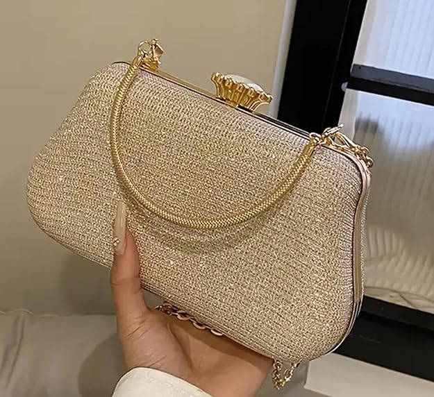 Stylish Gold Glitter Evening Clutch for Women – Party, Wedding & Special Occasion Handbag with Chain Strap