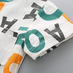 White Alphabet Printed Shirt & Shorts Set – Soft Cotton Kids Outfit for Play and Outings
