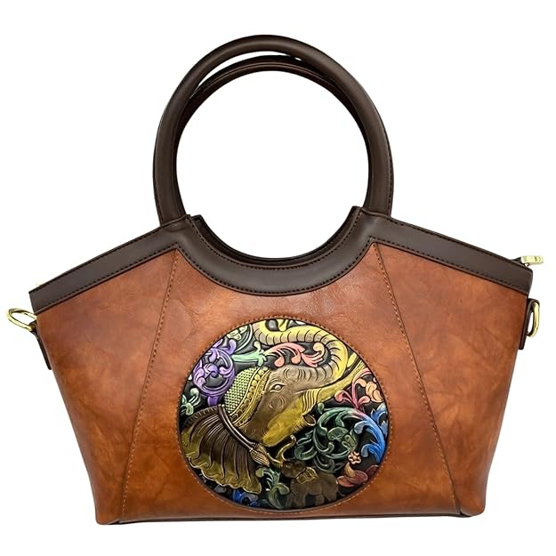 Women’s Embossed Elephant PU Leather Handbag – Vintage Square Tote with Zipper Closure