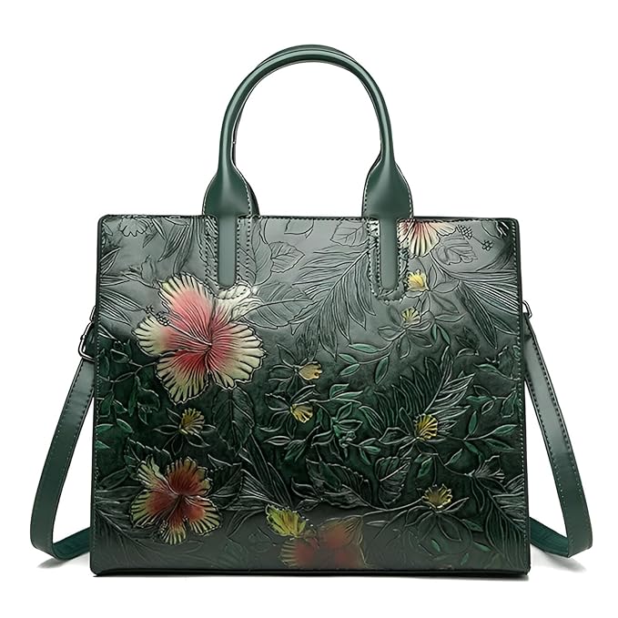 Women’s Vintage-Inspired Green Embossed Floral Square Handbag – PU Leather Zipper Bag with Chain Accent for Daily Elegance