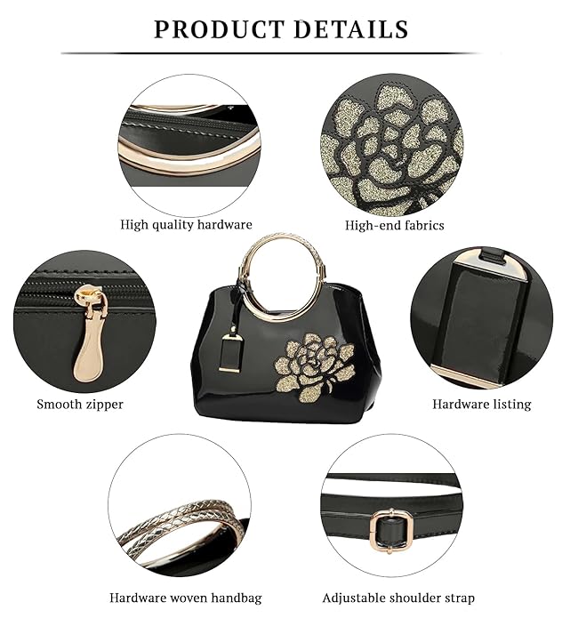 Women’s Glossy Patent Leather Handbag with Floral Design – Elegant Shoulder Bag for Parties & Special Occasions