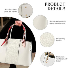 Women’s Embroidered PU Leather Handbag with Silk Scarf Handle – Elegant Shoulder Tote with Zipper Closure