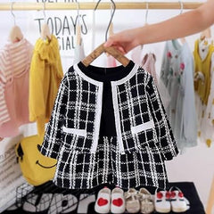 Black Fall Plaid Girls Dress with Jacket – Stylish Cotton Knitted Blend Outfit