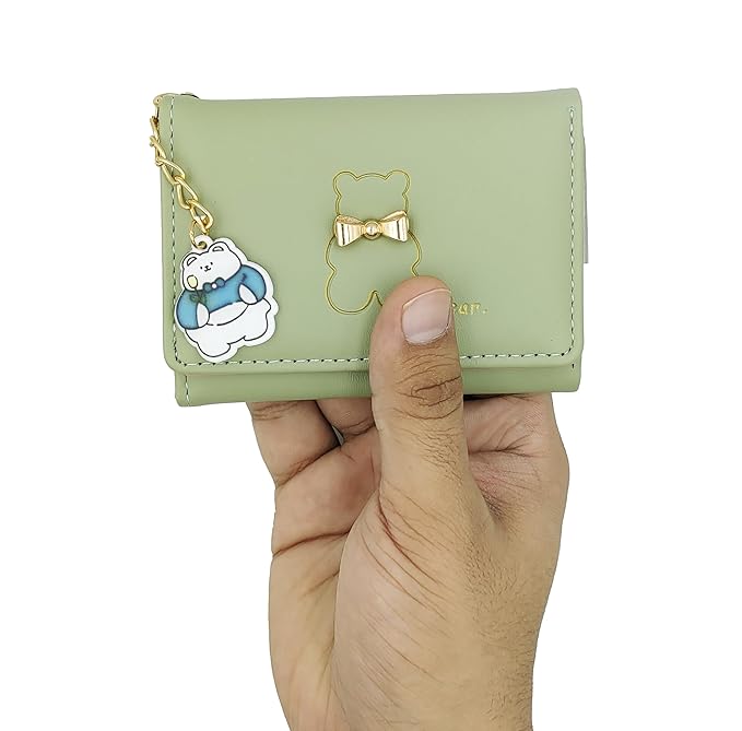Cute Small Tri-Fold Wallet for Girls & Women – PU Leather Floral Print Card Holder with Coin Purse & ID Window (Green)