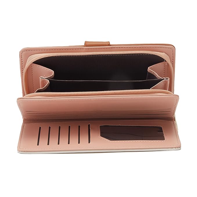 Women’s Tan Colorblocked Zip-Around Wallet | Long PU Wallet with 2 Compartments