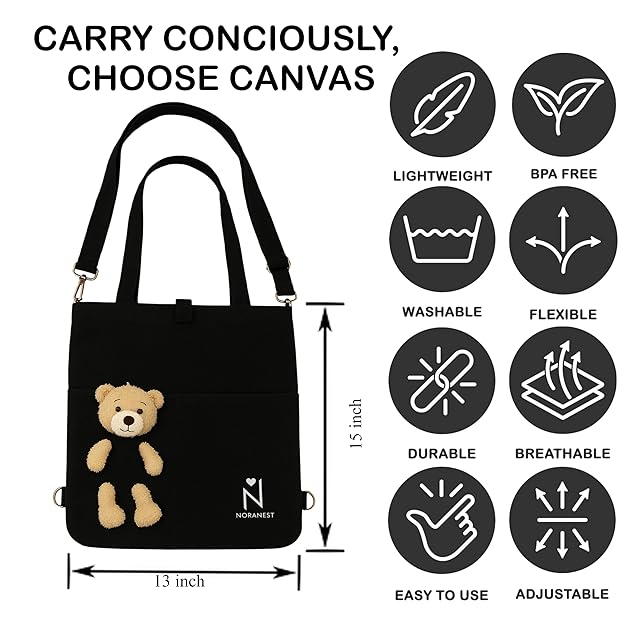 Trendy Canvas Tote Bag for Women & Girls – Aesthetic Korean Style College Bag with Cute Teddy Charm