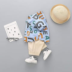 Blue Alphabet Printed Boys Cotton Shirt and Shorts Set – Casual Summer Outfit