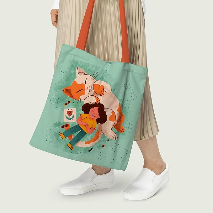 Happy Kitty Canvas Tote Bag for Women | Stylish Printed Reusable Shopping & Everyday Tote | Durable Eco-Friendly Canvas Handbag (15x16 inch)
