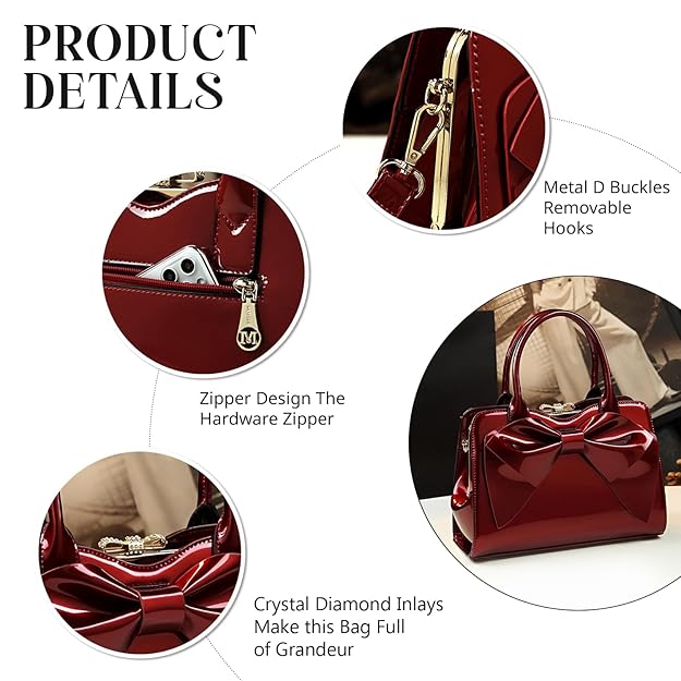 Women’s Glossy Bow Shell Handbag – PU Leather Tote with Double Handles & Adjustable Strap