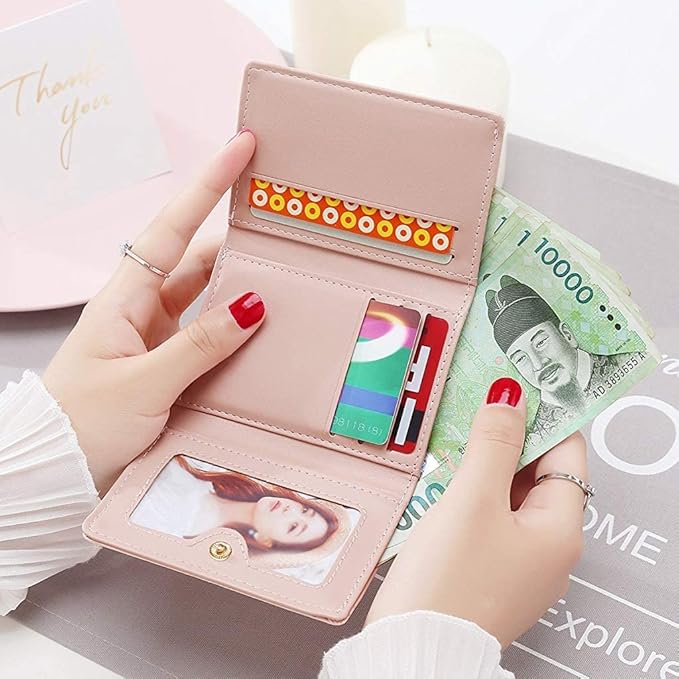 Women’s Pink PU Leather Short Wallet | Compact Ladies Purse with Multiple Card Slots & Secure Loop Closure