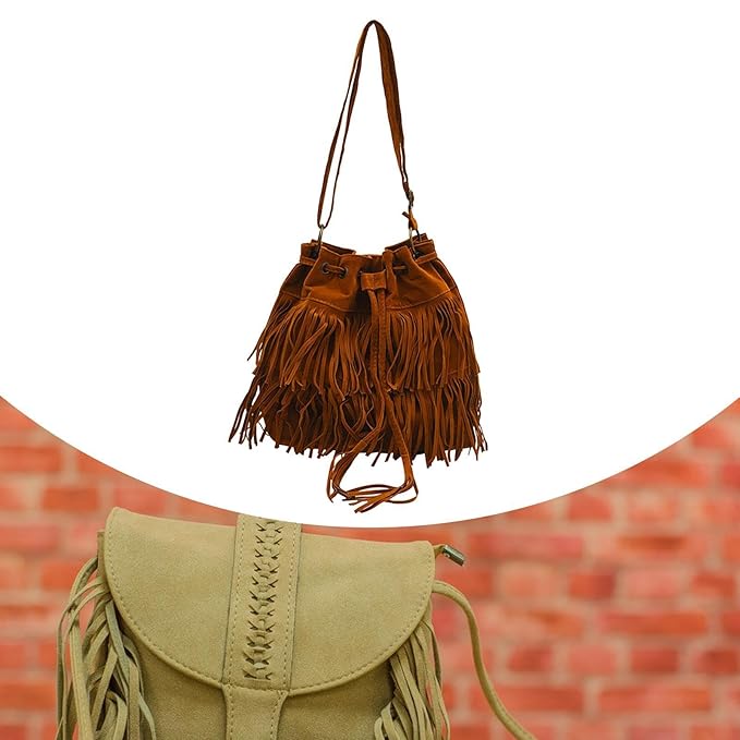 Women’s Large Fringe Shoulder Bag – Drawstring Hobo Tote for Travel, Holidays & Daily Use – Brown