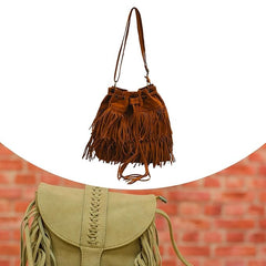 Women’s Large Fringe Shoulder Bag – Drawstring Hobo Tote for Travel, Holidays & Daily Use – Brown