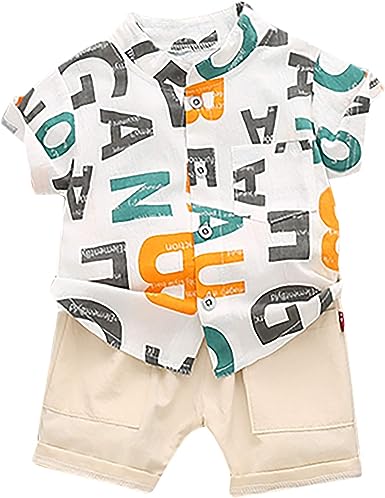 White Alphabet Printed Shirt & Shorts Set – Soft Cotton Kids Outfit for Play and Outings