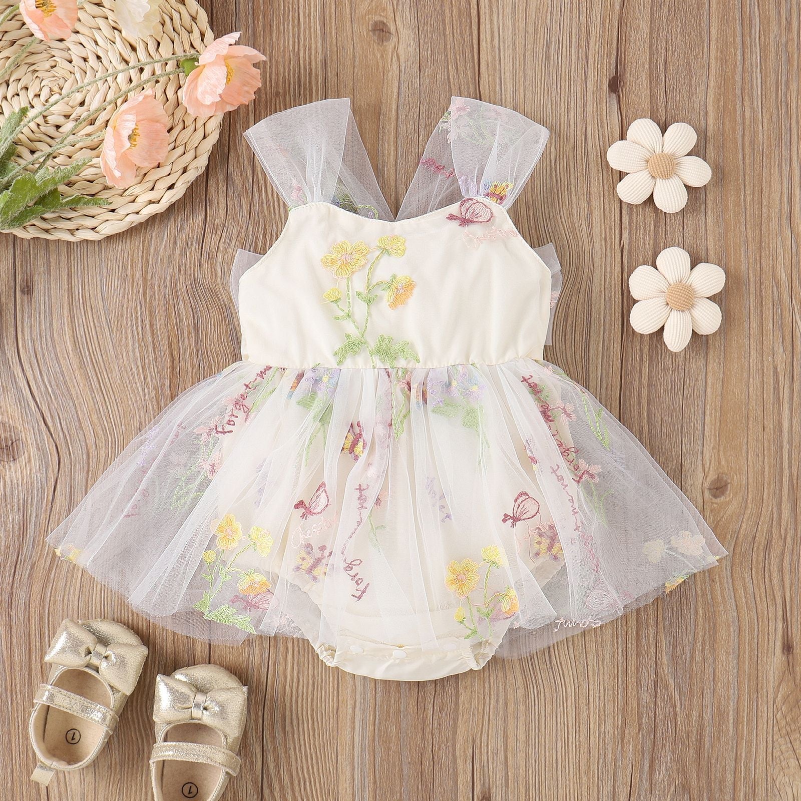 Flower Embroidered Girls Romper Dress – Soft Cotton Blend Outfit