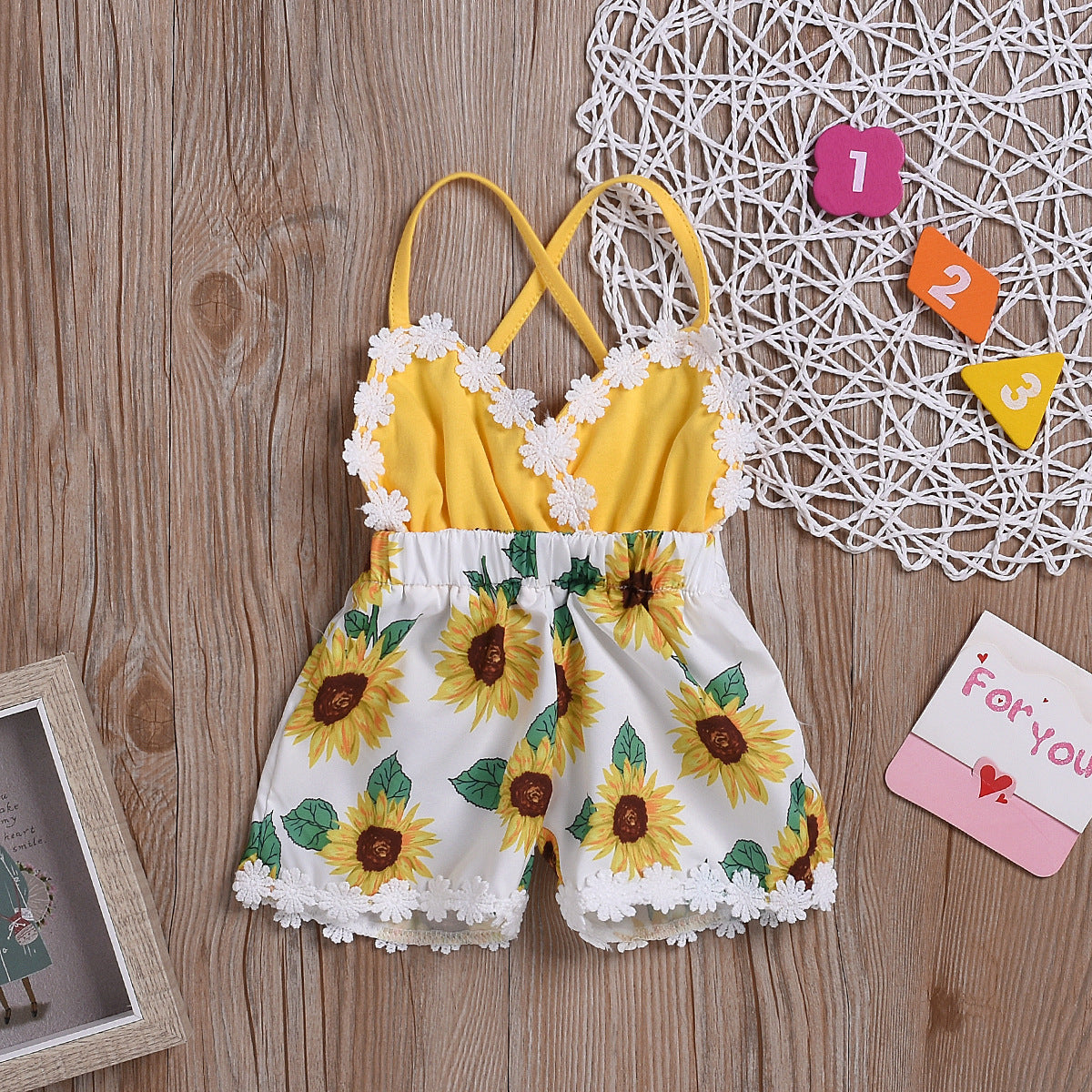 Sunflower Lace Jumpsuit – Cotton Baby Girls Outfit