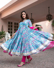 Blue Cotton Angrakha Suit Set with Gota Work and Organza Dupatta