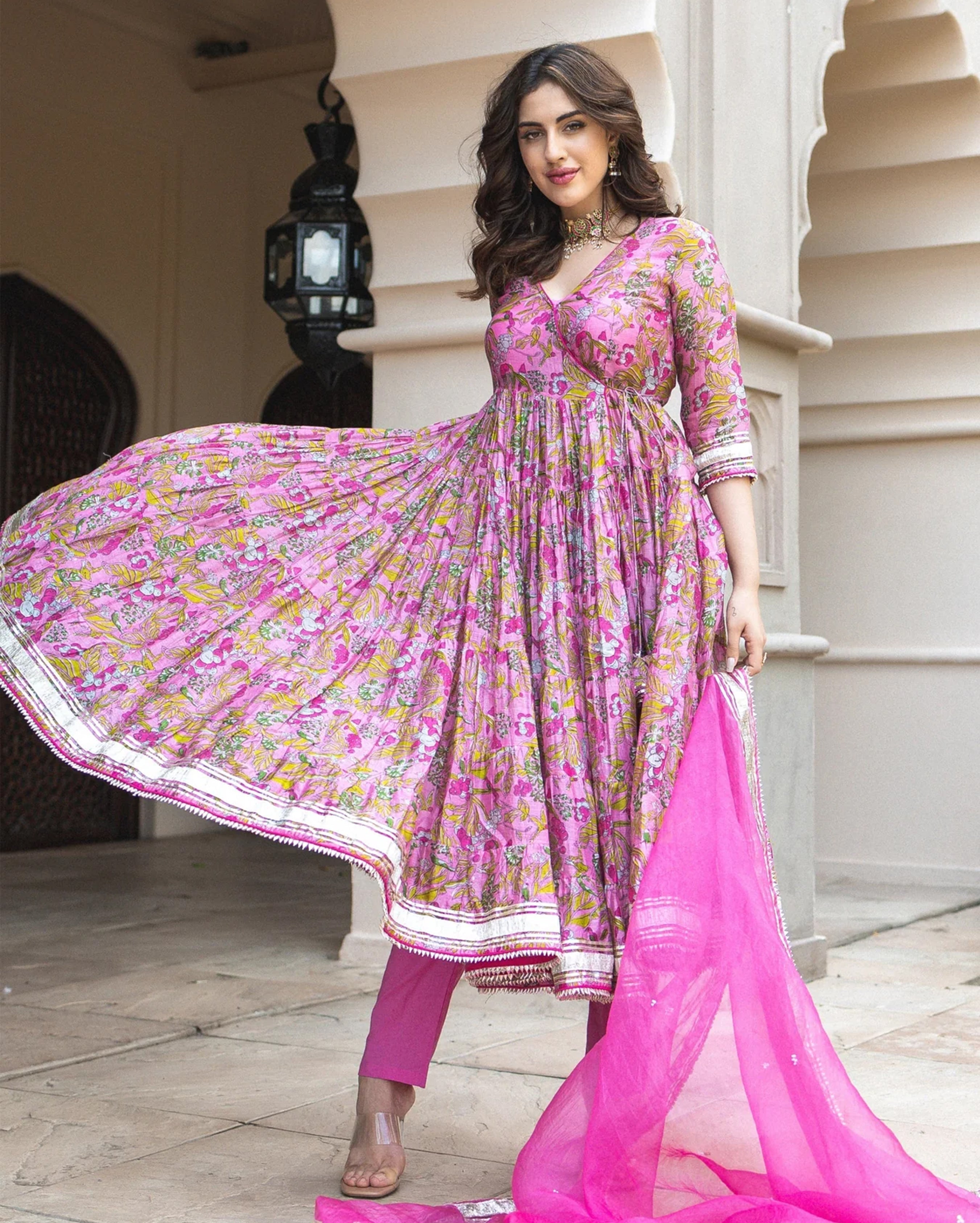 Pink Chanderi Angrakha Suit Set with Gota Work and Organza Dupatta