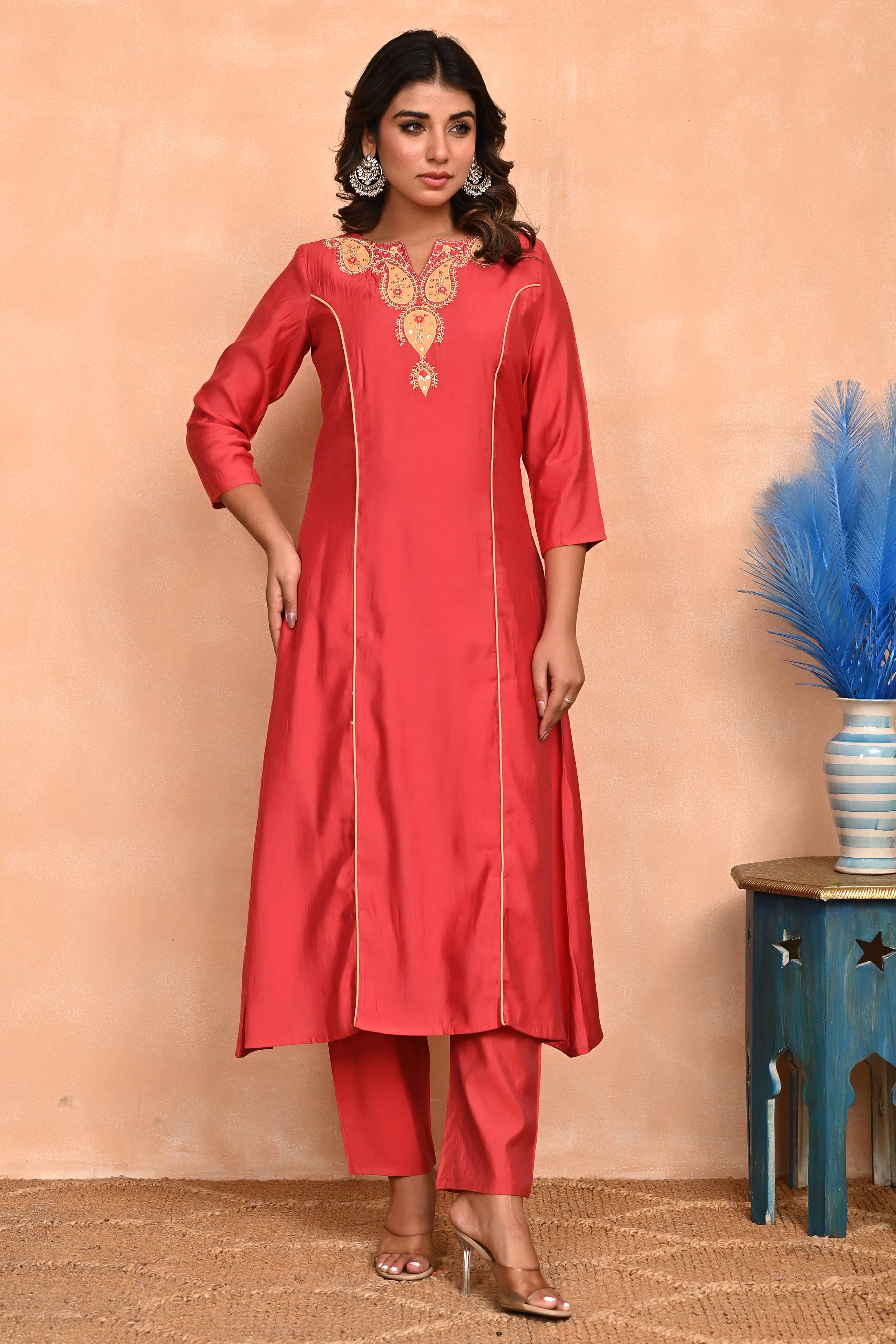 Rusty Red Embroidered A-Line Chanderi Silk Salwar Suit with Delicate Patchwork Detailing