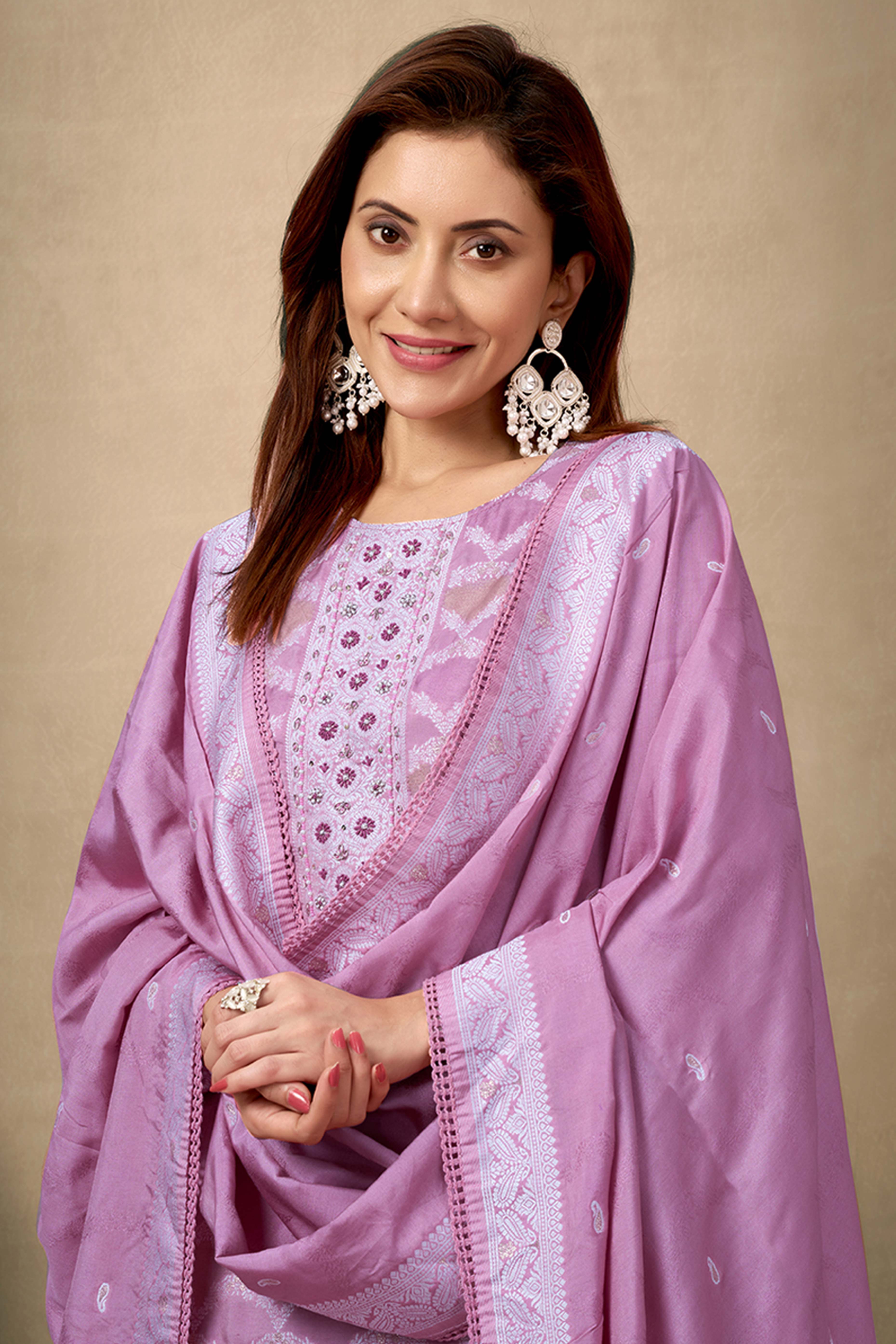 Light Purple Silk Jacquard Straight Salwar Suit with Embroidery Work