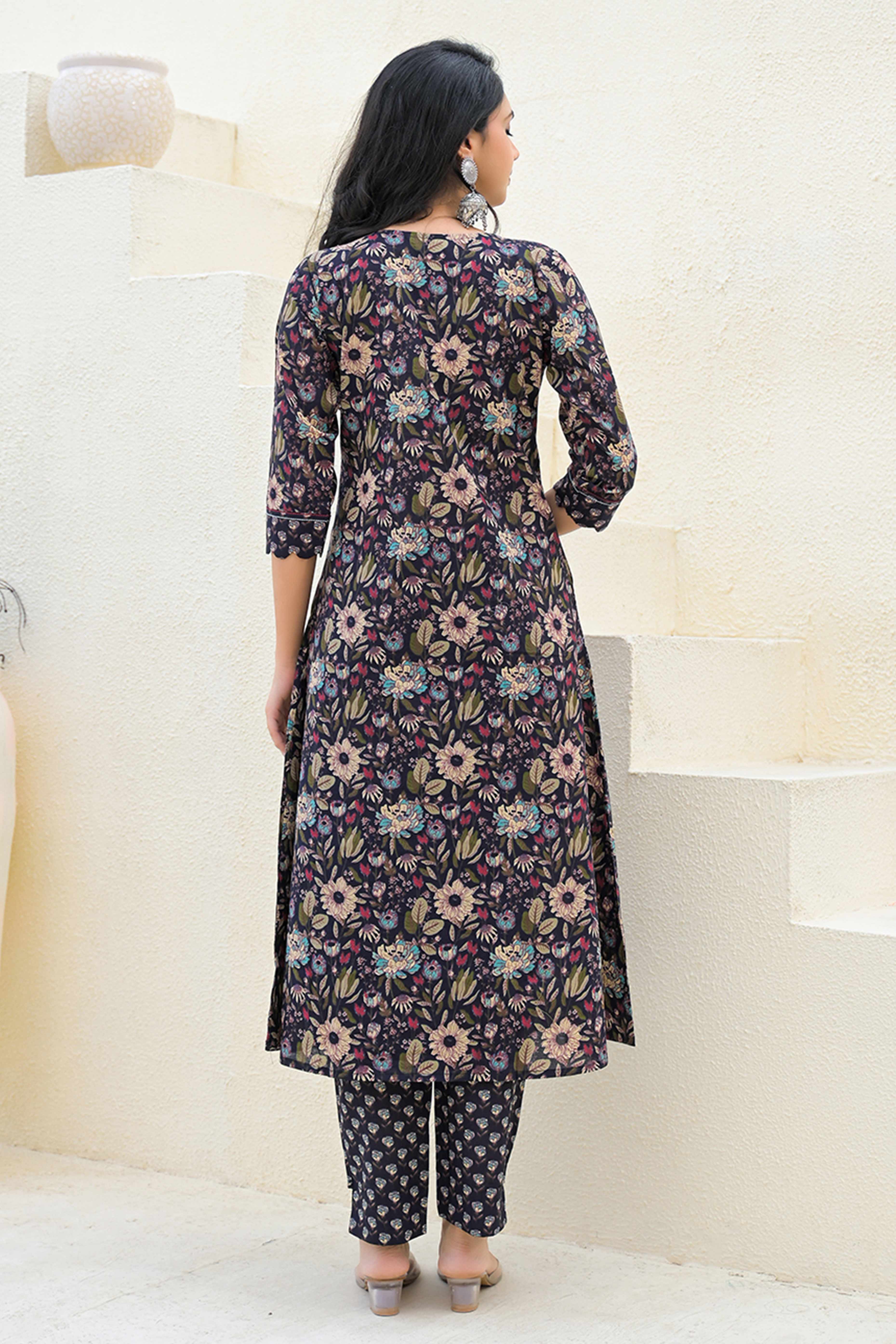A-Line Style Black Cotton Salwar Suit with Blooming Floral Prints