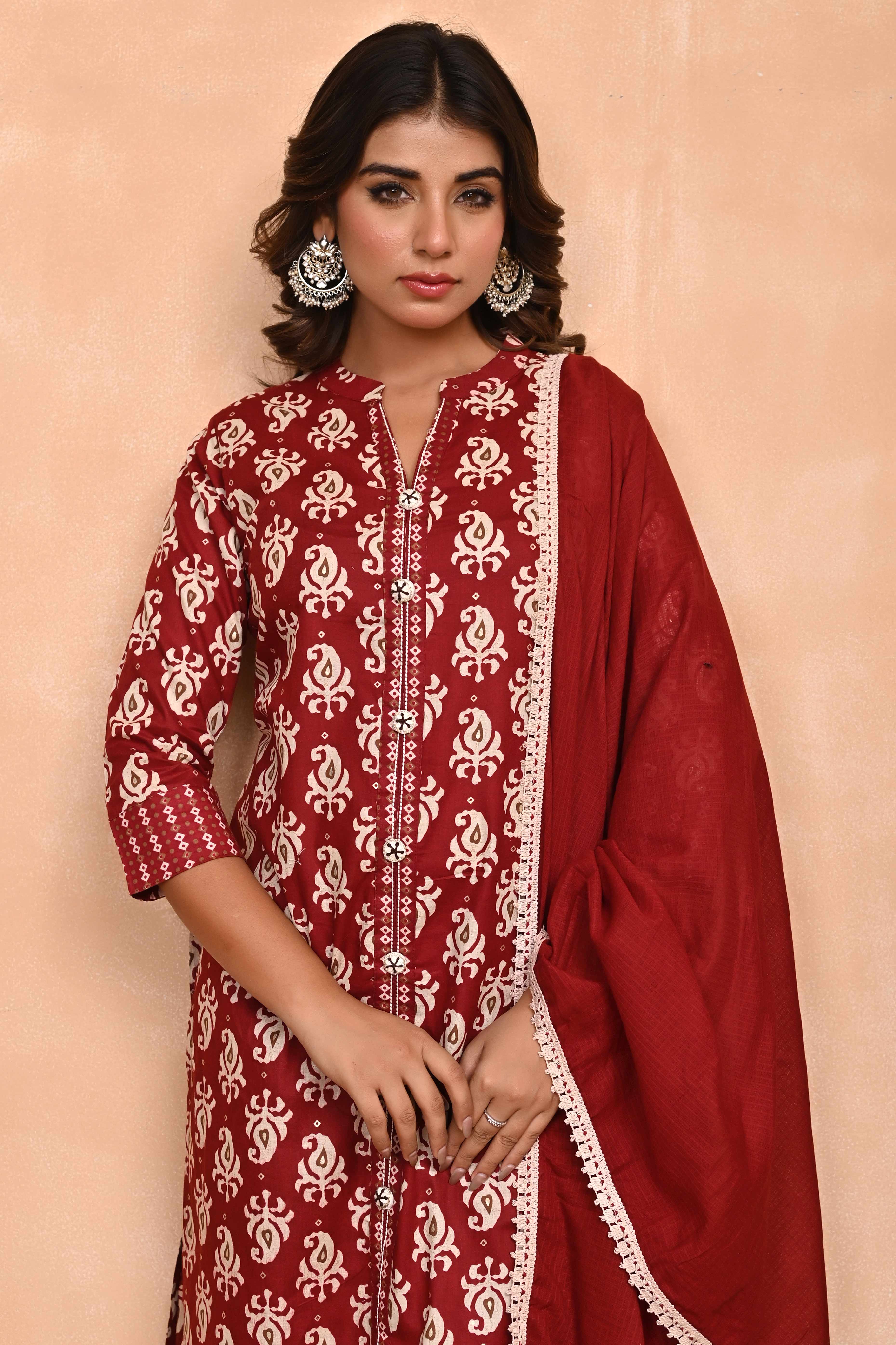 Maroon Floral Printed Salwar Suit in Pure Cotton with Modern Front Slit Styling