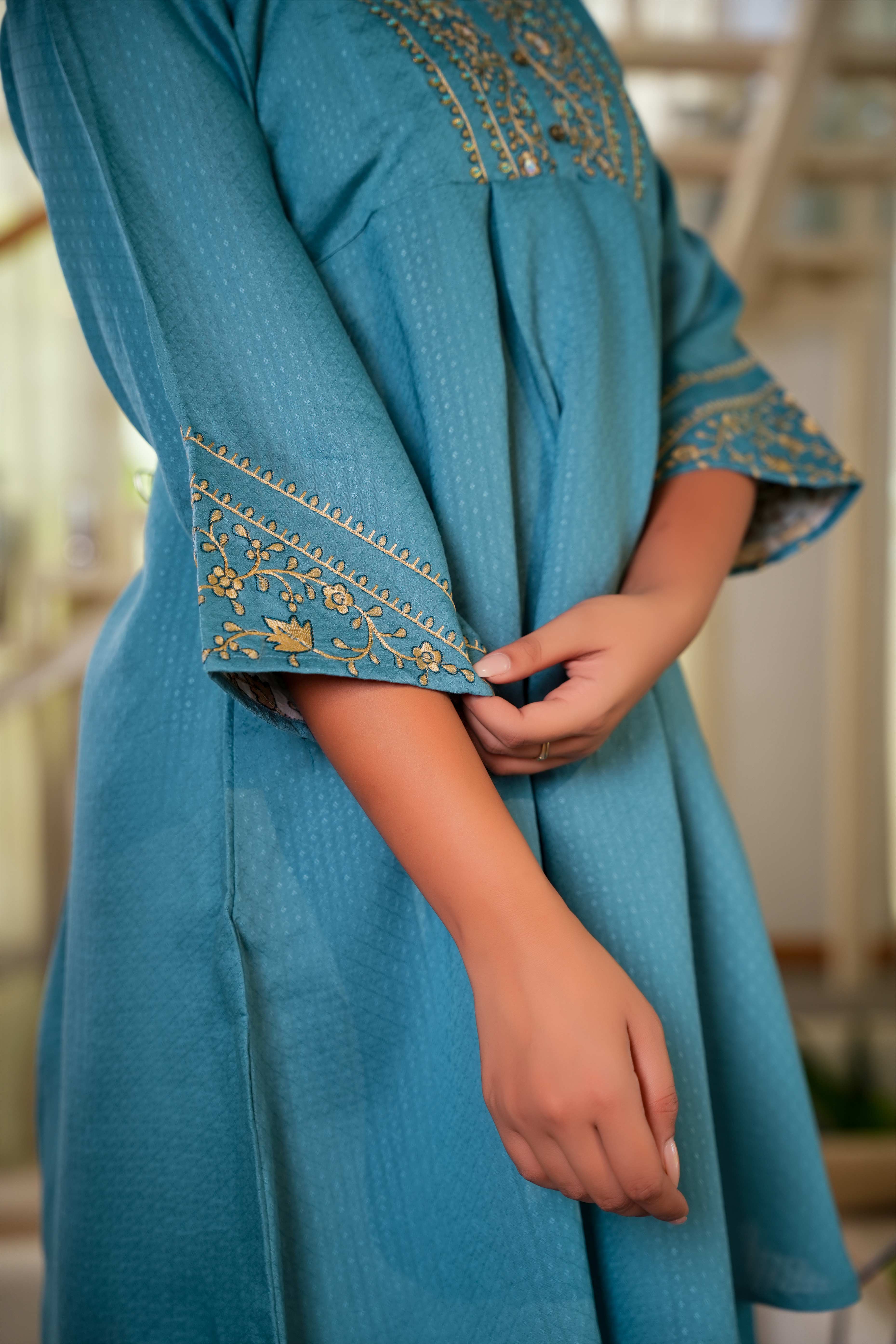 Sea Green Floral Embroidered Viscose Co-Ord Set – Top & Bottom