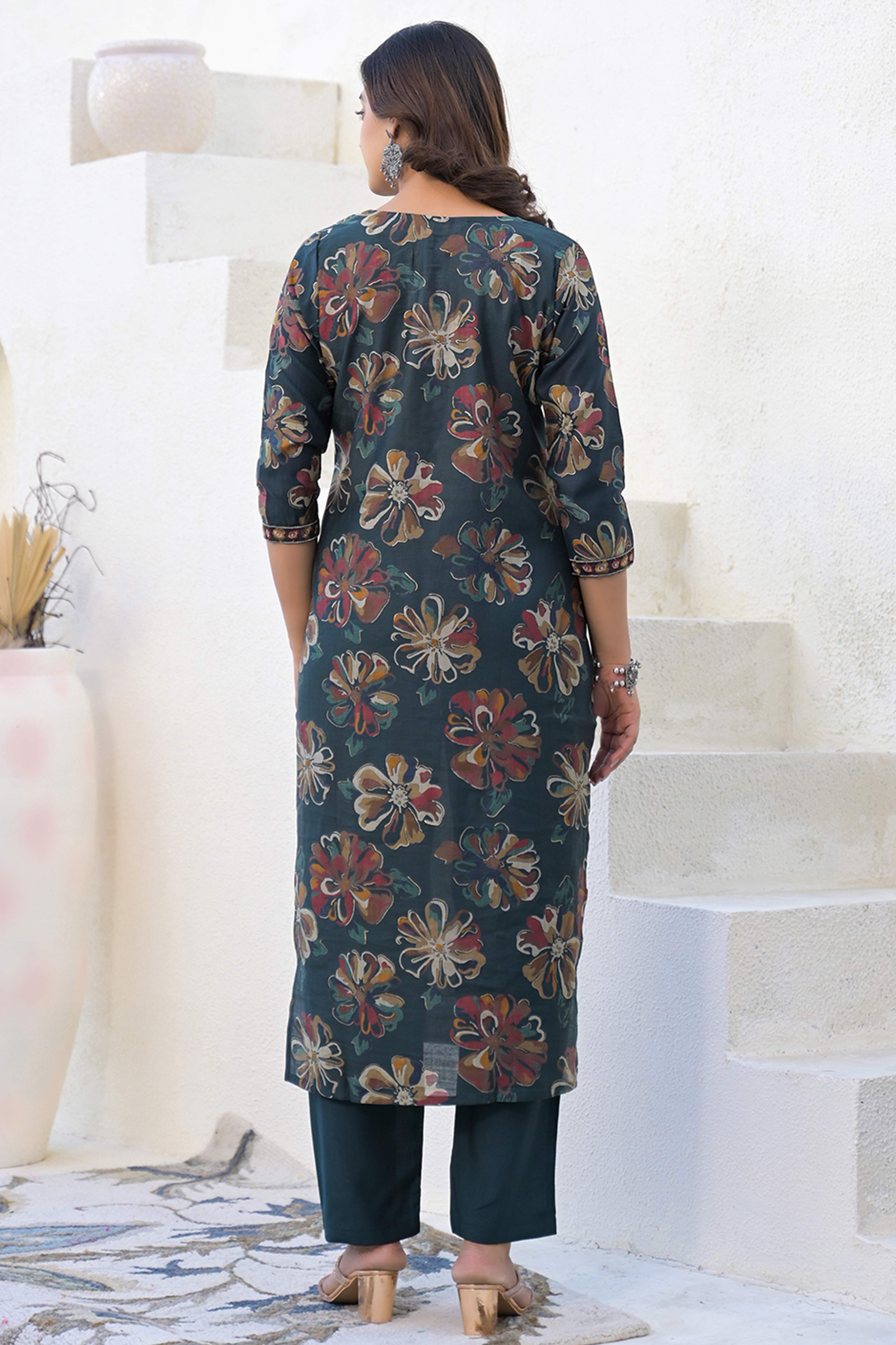 Stylish Bottle Green Viscose  Straight Salwar Suit with Floral Pattern