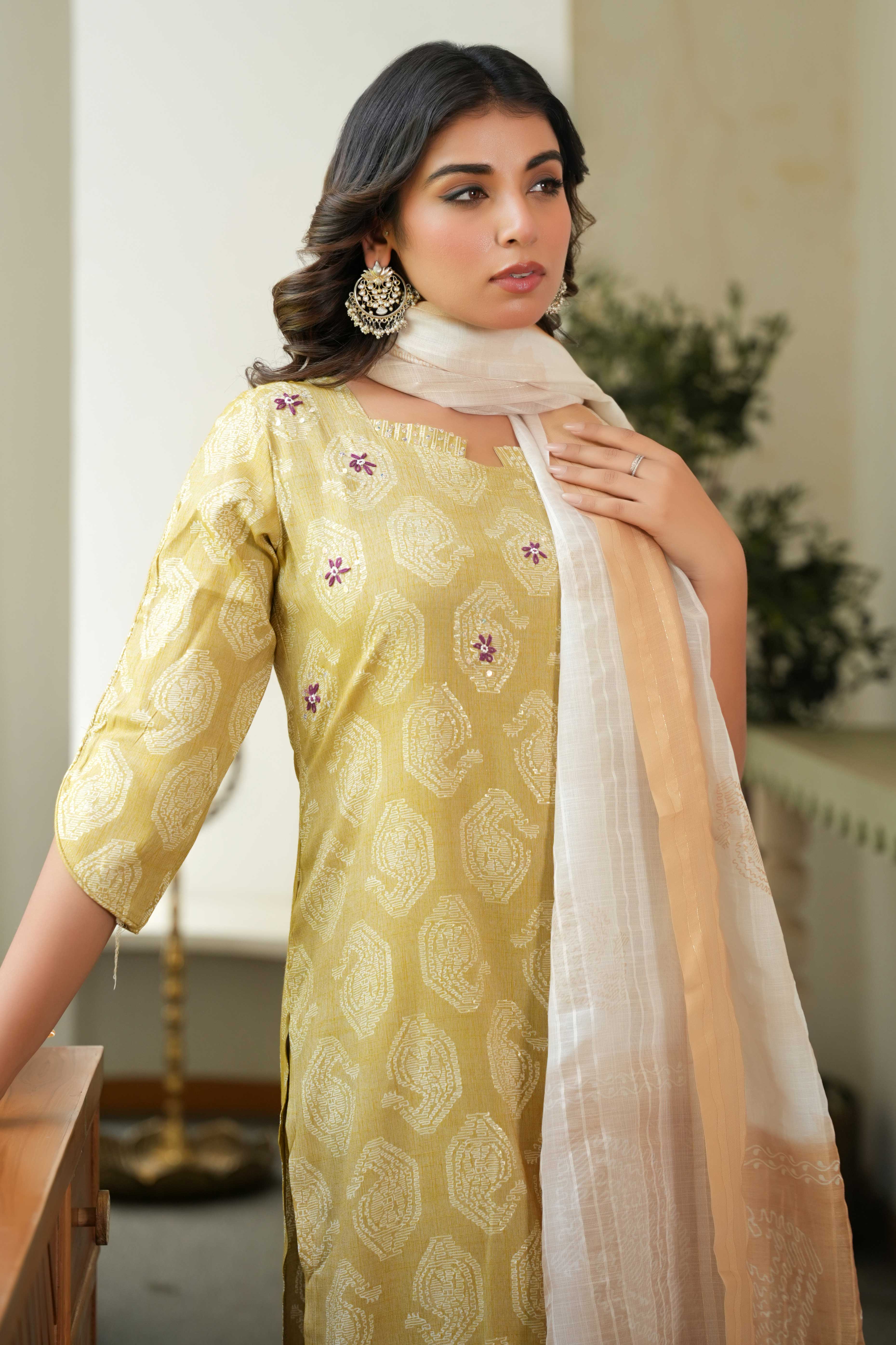 Dazzling Mustard Printed Rayon Straight Salwar Suit With Delicate Floral Sequins Embroidery Work