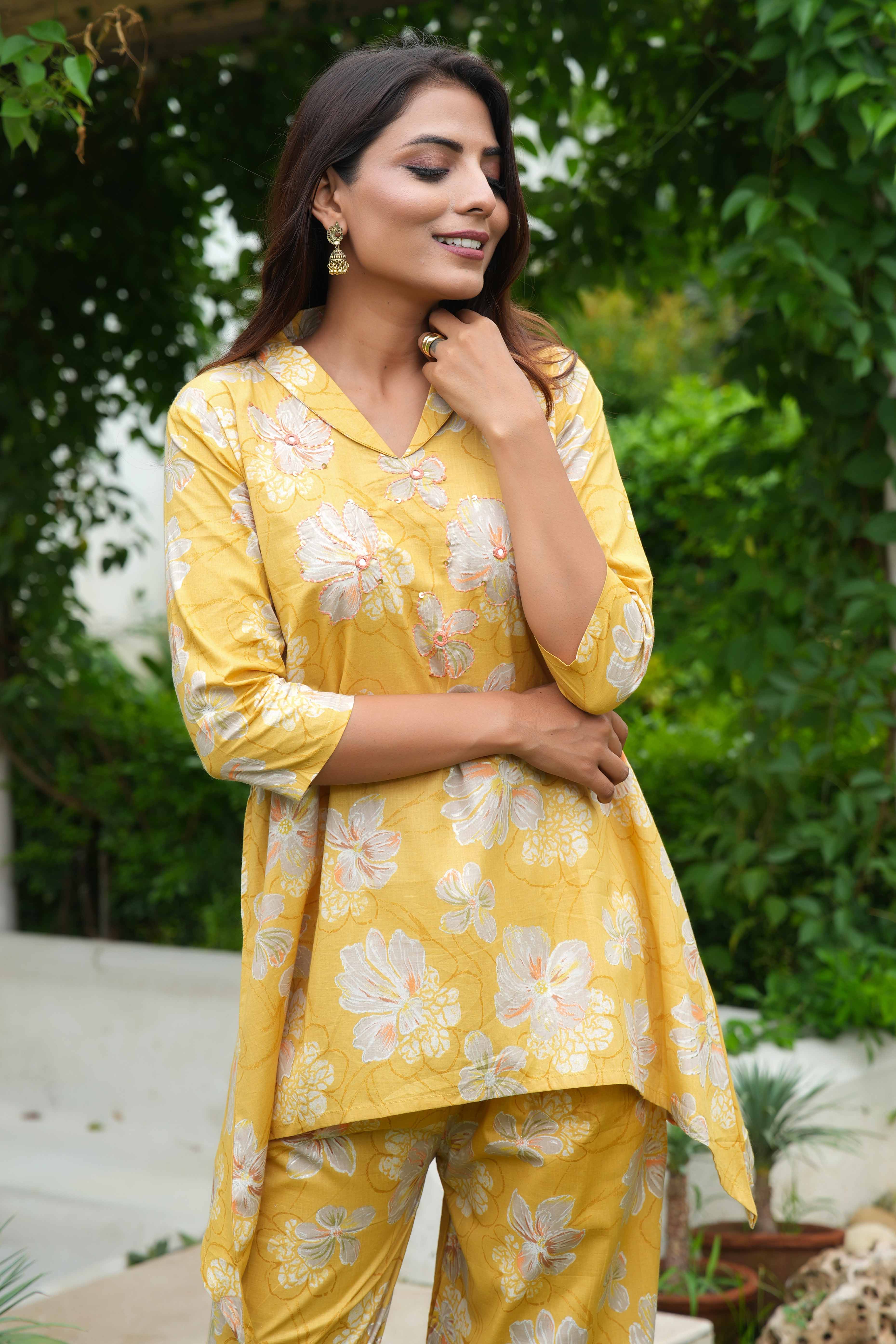 Yellow Pure Cotton Co-Ord Set with Floral Handwork – Elegant Festive Wear