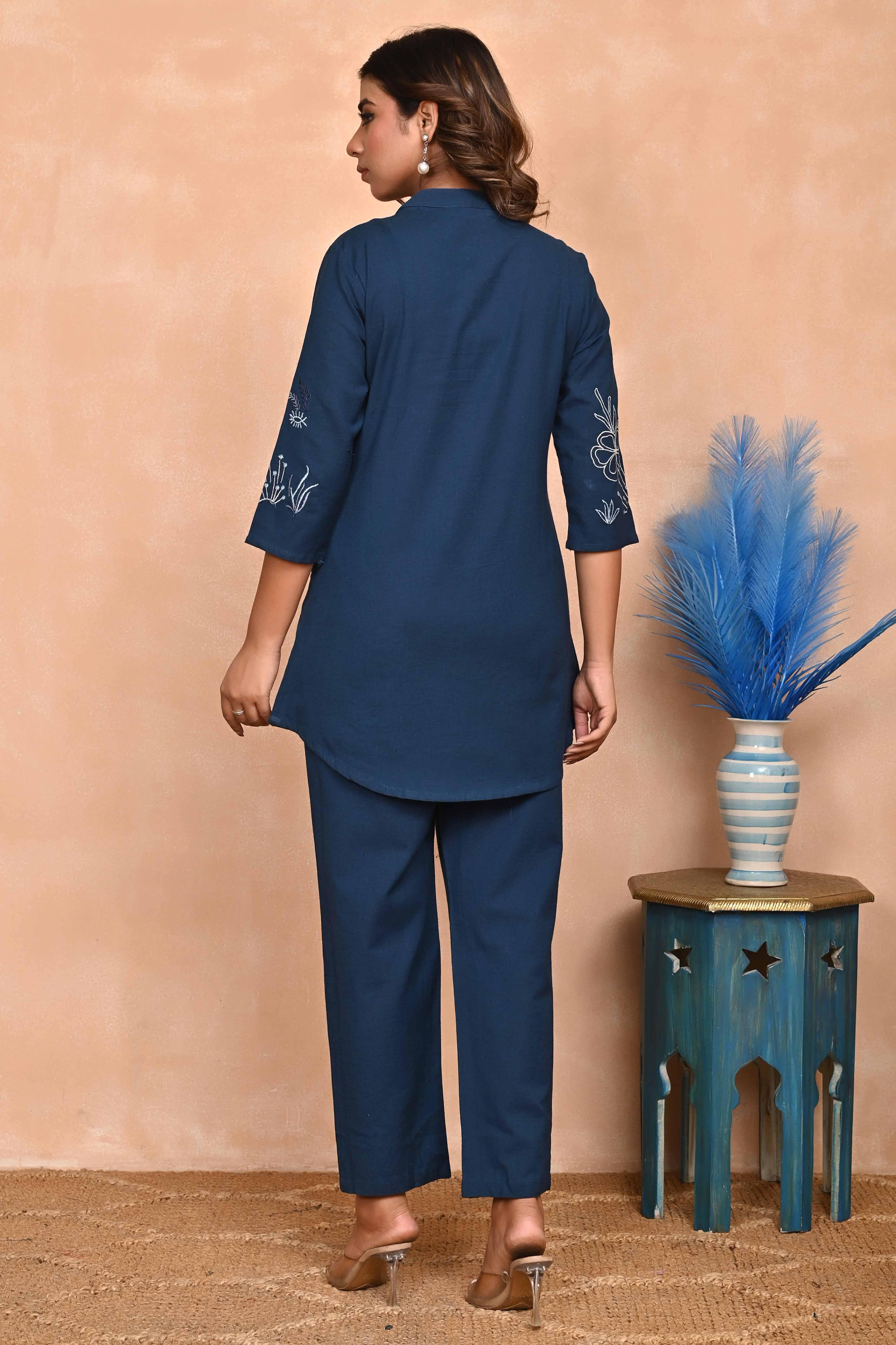 Navy Blue Hand-Embroidered Cotton Co-Ord Set with Bead Detailing