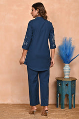 Navy Blue Hand-Embroidered Cotton Co-Ord Set with Bead Detailing