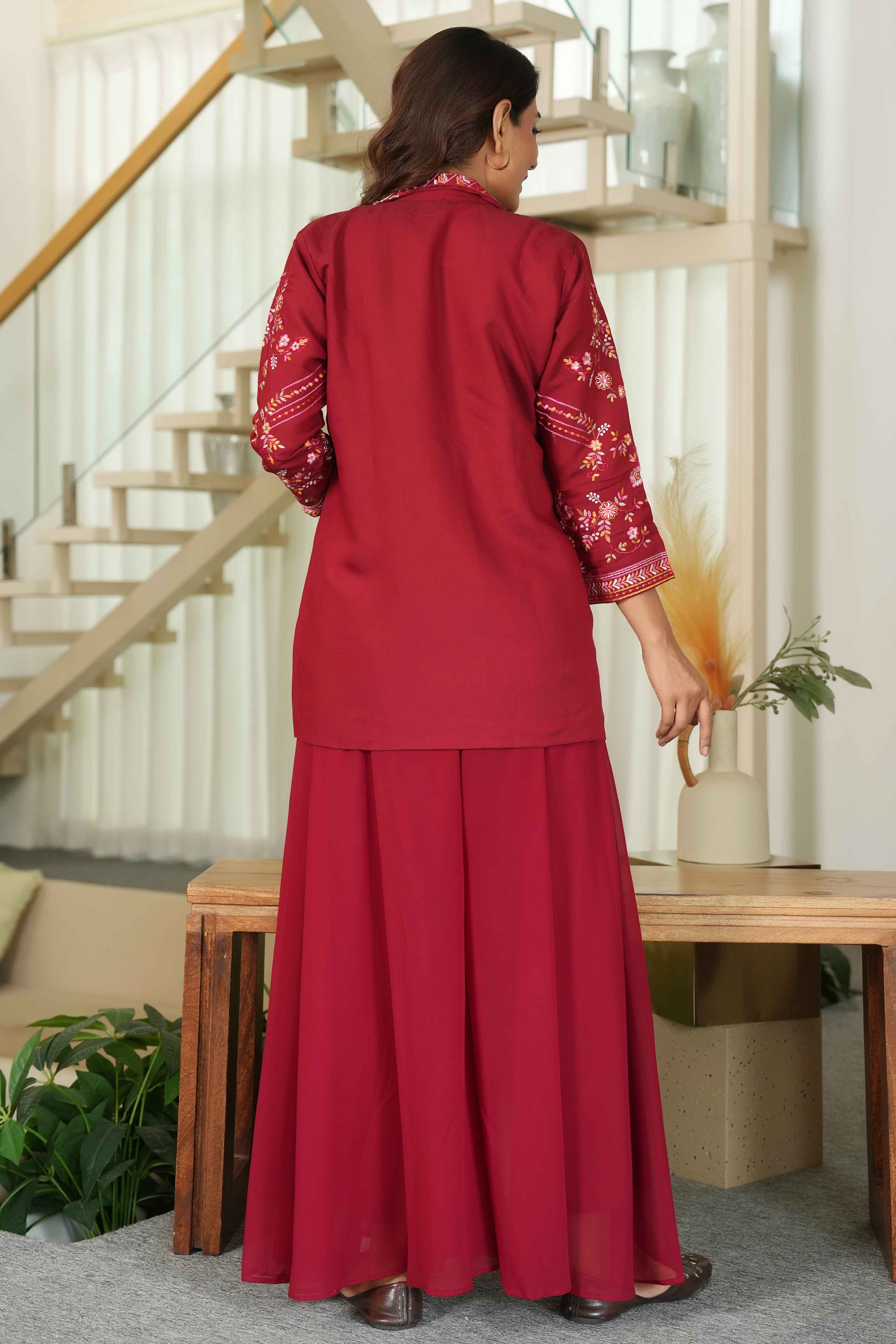 Maroon Embroidered Chanderi Silk Co-Ord Set with Georgette Bottom – Festive & Elegant Ensemble
