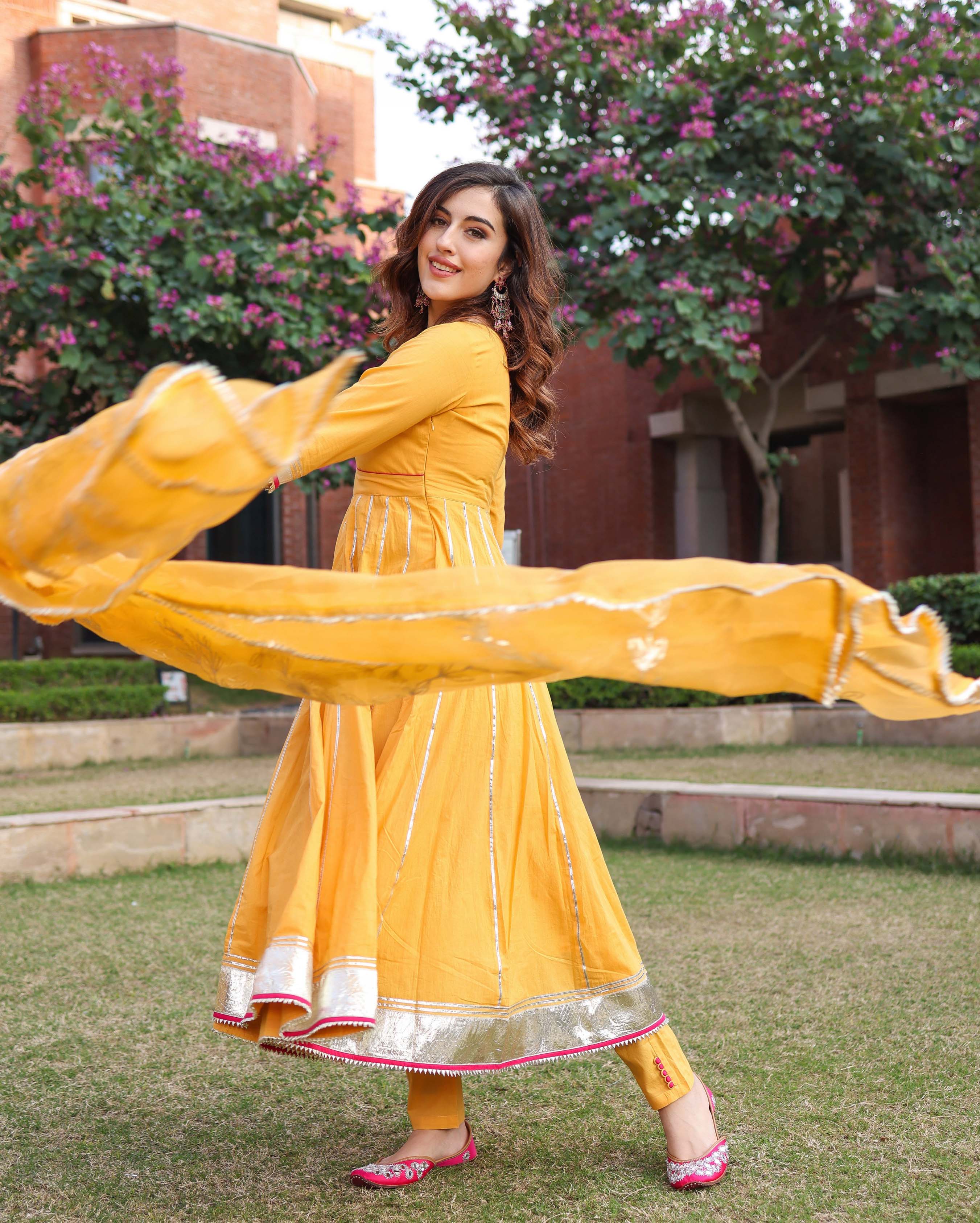 Yellow Cotton Suit Set with Gota Patti and Organza Dupatta