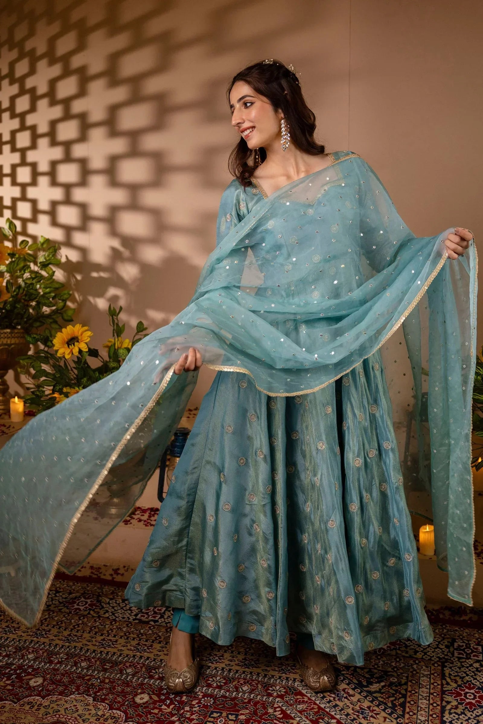 Chinon Silk Embroidered Anarkali Suit Set