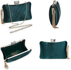 Handicraft Satin Evening Clutch for Women | Elegant Box Clutch with Crystal Clasp & Detachable Tassel Chain