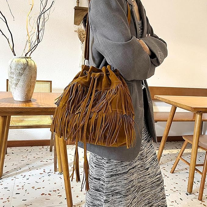 Women’s Large Fringe Shoulder Bag – Drawstring Hobo Tote for Travel, Holidays & Daily Use – Brown
